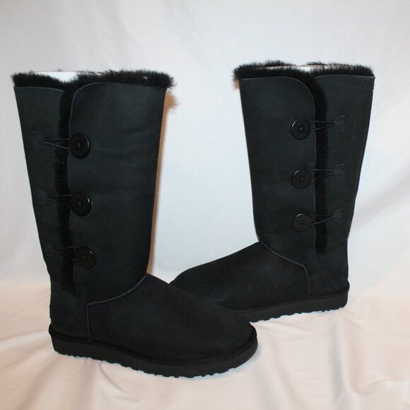 NEW UGG BAILEY BUTTON WATER RESISTANT TALL SUEDE SHEARLING LINED BOOTS BLACK - Picture 2 of 7
